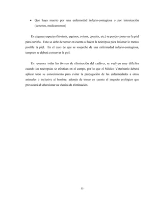 •   Que haya muerto por una enfermedad infecto-contagiosa o por intoxicación
       (venenos, medicamentos)


    En algunas especies (bovinos, equinos, ovinos, conejos, etc.) se puede conservar la piel
para curtirla. Esto se debe de tomar en cuenta al hacer la necropsia para lesionar lo menos
posible la piel. En el caso de que se sospeche de una enfermedad infecto-contagiosa,
tampoco se deberá conservar la piel.


    En resumen todas las formas de eliminación del cadáver, se vuelven muy difíciles
cuando las necropsias se efectúan en el campo, por lo que el Médico Veterinario deberá
aplicar todo su conocimiento para evitar la propagación de las enfermedades a otros
animales o inclusive al hombre, además de tomar en cuenta el impacto ecológico que
provocará al seleccionar su técnica de eliminación.




                                             35
 