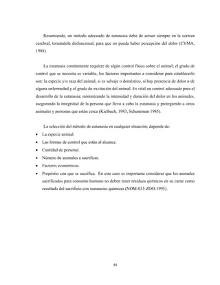 Resumiendo, un método adecuado de eutanasia debe de actuar siempre en la corteza
cerebral, tornándola disfuncional, para que no pueda haber percepción del dolor (CVMA,
1988).


    La eutanasia comúnmente requiere de algún control físico sobre el animal; el grado de
control que se necesita es variable, los factores importantes a considerar para establecerlo
son: la especie y/o raza del animal, si es salvaje o doméstico, si hay presencia de dolor o de
alguna enfermedad y el grado de excitación del animal. Es vital un control adecuado para el
desarrollo de la eutanasia; minimizando la intensidad y duración del dolor en los animales,
asegurando la integridad de la persona que llevó a cabo la eutanasia y protegiendo a otros
animales y personas que están cerca (Kielbach, 1983, Schuneman 1985).


    La selección del método de eutanasia en cualquier situación; depende de:
•   La especie animal.
•   Las formas de control que están al alcance.
•   Cantidad de personal.
•   Número de animales a sacrificar.
•   Factores económicos.
•   Propósito con que se sacrifica. En este caso es importante considerar que los animales
    sacrificados para consumo humano no deben tener residuos químicos en su carne como
    resultado del sacrificio con sustancias químicas (NOM-033-ZOO-1995).




                                             44
 