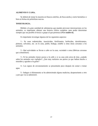 ALIMENTO Y CAMA.

      Se deberá de tomar la muestra en frascos estériles, de boca ancha y cierre hermético o
bien en bolsas de polietileno nuevas.

TOXICOLOGIA.

     Debido a la gran cantidad de substancias que pueden provocar intoxicaciones en los
animales, es importante obtener una historia clínica completa, para poder determinar
siempre que sea posible el tóxico o grupo al que pertenece (Ver cuadro 6).

        Es importante investigar algunos de los siguientes aspectos:

      1.- Se usan rodenticidas, insecticidas, fertilizantes, herbicidas, desinfectantes,
pinturas, solventes, etc. en la casa, jardín, bodega, establo u otras áreas cercanas a los
animales.

      2.- Qué actividades se llevan a cabo en la casa, vecindad o zona (fábricas cercanas
que contaminen).

      3.- Si los animales tienen acceso a la calle o si su casa está cerca de ésta; ¿cuándo
salen los animales son vigilados?, ¿Son muy molestos sus perros ya que ladran mucho o
muerden y agreden a la gente?

        4.- Los signos de envenenamiento se presentarán poco después de comer o tomar
agua.

      5.- Indagar si últimamente se ha administrado alguna medicina, desparasitante u otro
y por que vía se administró.




                                               87
 