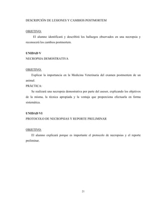 DESCRIPCIÓN DE LESIONES Y CAMBIOS POSTMORTEM


OBJETIVO:
      El alumno identificará y describirá los hallazgos observados en una necropsia y
reconocerá los cambios postmortem.


UNIDAD V
NECROPSIA DEMOSTRATIVA


OBJETIVO:
    Explicar la importancia en la Medicina Veterinaria del examen postmortem de un
animal.
PRÁCTICA:
    Se realizará una necropsia demostrativa por parte del asesor, explicando los objetivos
de la misma, la técnica apropiada y la ventaja que proporciona efectuarla en forma
sistemática.


UNIDAD VI
PROTOCOLO DE NECROPSIAS Y REPORTE PRELIMINAR


OBJETIVO:
    El alumno explicará porque es importante el protocolo de necropsias y el reporte
preliminar.




                                           21
 