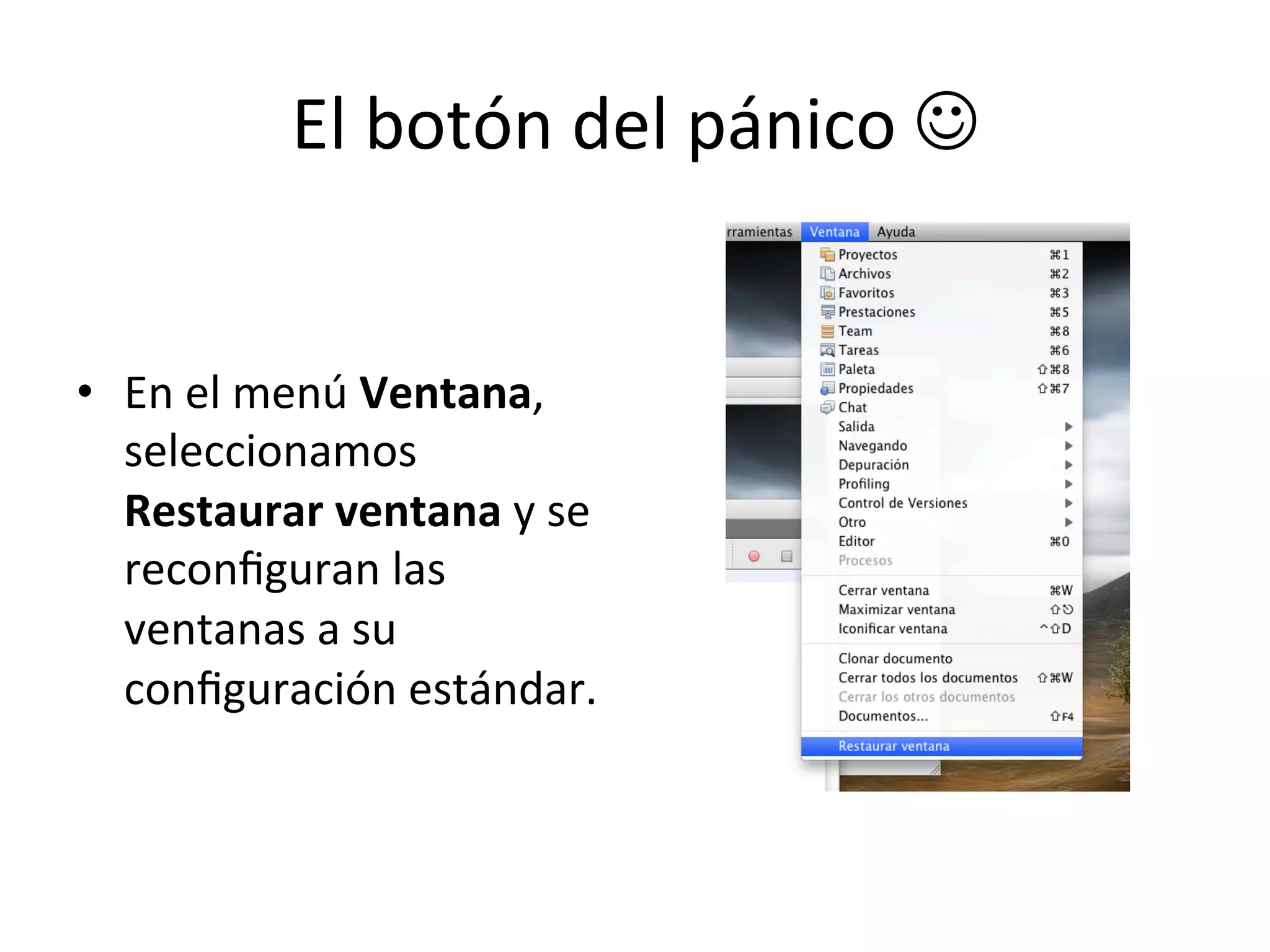 El 
botón 
del 
pánico 
J 
• En 
el 
menú 
Ventana, 
seleccionamos 
Restaurar 
ventana 
y 
se 
reconfiguran 
las 
ventanas 
a 
su 
configuración 
estándar. 
 