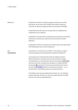1. ¡Bienvenido!
Referencia El apéndice A contiene un listado completo, además de una breve
descripción, de los menús de FluidSIM. Este capítulo cumple las
funciones de referencia rápida de todas las funciones de FluidSIM.
El apéndice B describe todos los componentes en la biblioteca de
componentes que se adjunta.
El apéndice C describe todas las pantallas de presentación, descripción
de funciones, animaciones, ejercicios de entrenamiento y vídeos
didácticos.
El apéndice D contiene un listado de las informaciones más importantes
de FluidSIM aparte de una breve explicación.
1.3
Convenciones
Se insertaron y se marcaron con la ﬂecha >de manejo; se indican
asimismo pasajes de texto importantes mediante el símbolo ☞.
Los esquemas de conmutación de la lista de símbolos de Fluid-
SIM se describen en el texto de este manual mediante la imagen
correspondiente; las descripciones del menú se presentan enmarcadas ;
las teclas de función se representan mediante un símbolo de tecla,
por ejemplo , representa el esquema de activación para iniciar la
simulación; Archivo Abrir... señala la entrada de menú Abrir... en el
menú Archivo ; la tecla F9 representa la tecla de función 9.
Si se habla en este manual simplemente de hacer clic, nos referimos
al botón izquierdo del ratón. En caso de que deba utilizarse el botón
derecho se le indicará especíﬁcamente.
10 © Festo Didactic GmbH & Co. KG y Art Systems • FluidSIM
 