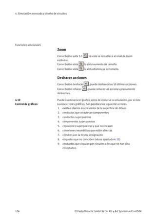 4. Simulación avanzada y diseño de circuitos
Funciones adicionales
Zoom
Con el botón vista 1:1 la vista se restablece al nivel de zoom
estándar.
Con el botón vista la vista aumenta de tamaño.
Con el botón vista la vista disminuye de tamaño.
Deshacer acciones
Con el botón deshacer , puede deshacer las 50 últimas acciones.
Con el botón rehacer , puede rehacer las acciones previamente
deshechas.
4.10
Control de gráﬁcos
Puede examinarse el gráﬁco antes de iniciarse la simulación, por si éste
tuviese errores gráﬁcos. Son posibles los siguientes errores:
1. existen objetos en el exterior de la superﬁcie de dibujo
2. conductos que atraviesan componentes
3. conductos superpuestos
4. componentes superpuestos
5. conexiones superpuestas y que no encajan
6. conexiones neumáticas que están abiertas
7. cilindros con la misma designación
8. etiquetas que no coinciden (véase apartado 4.11)
9. conductos que circulan por circuitos a los que no han sido
conectados.
106 © Festo Didactic GmbH & Co. KG y Art Systems • FluidSIM
 