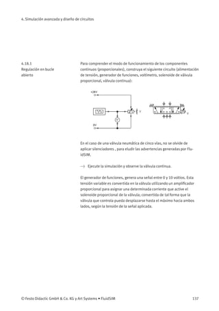 4. Simulación avanzada y diseño de circuitos
4.18.1
Regulación en bucle
abierto
Para comprender el modo de funcionamiento de los componentes
continuos (proporcionales), construya el siguiente circuito (alimentación
de tensión, generador de funciones, voltímetro, solenoide de válvula
proporcional, válvula continua):
En el caso de una válvula neumática de cinco vías, no se olvide de
aplicar silenciadores , para eludir las advertencias generadas por Flu-
idSIM.
> Ejecute la simulación y observe la válvula continua.
El generador de funciones, genera una señal entre 0 y 10 voltios. Esta
tensión variable es convertida en la válvula utilizando un ampliﬁcador
proporcional para asignar una determinada corriente que active el
solenoide proporcional de la válvula; convertida de tal forma que la
válvula que controla pueda desplazarse hasta el máximo hacia ambos
lados, según la tensión de la señal aplicada.
© Festo Didactic GmbH & Co. KG y Art Systems • FluidSIM 137
 
