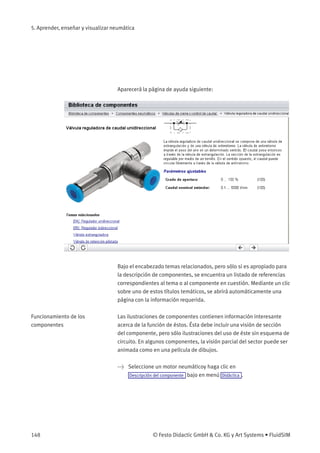 5. Aprender, enseñar y visualizar neumática
Aparecerá la página de ayuda siguiente:
Bajo el encabezado temas relacionados, pero sólo si es apropiado para
la descripción de componentes, se encuentra un listado de referencias
correspondientes al tema o al componente en cuestión. Mediante un clic
sobre uno de estos títulos temáticos, se abrirá automáticamente una
página con la información requerida.
Funcionamiento de los
componentes
Las ilustraciones de componentes contienen información interesante
acerca de la función de éstos. Ésta debe incluir una visión de sección
del componente, pero sólo ilustraciones del uso de éste sin esquema de
circuito. En algunos componentes, la visión parcial del sector puede ser
animada como en una película de dibujos.
> Seleccione un motor neumáticoy haga clic en
Descripción del componente bajo en menú Didáctica .
148 © Festo Didactic GmbH & Co. KG y Art Systems • FluidSIM
 