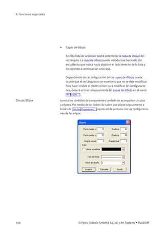 6. Funciones especiales
• Capas de dibujo
En esta lista de selección podrá determinar la capa de dibujo del
rectángulo. La capa de dibujo puede introducirse haciendo clic
en la ﬂecha que indica hacia abajo en el lado derecho de la lista y
escogiendo a continuación una capa.
Dependiendo de la conﬁguración de las capas de dibujo puede
ocurrir que el rectángulo no se muestre o que no se deje modiﬁcar.
Para hacer visible el objeto o bien para modiﬁcar las conﬁguracio-
nes, deberá activar temporalmente lss capas de dibujo en el menú
Ver Capas... .
Círculo/Elipse Junto a los símbolos de componentes también se acompañan círculos
y elipses. Por medio de un doble clic sobre una elipse o igualmente a
través de Edición Propiedades... aparecerá la ventana con las conﬁguracio-
nes de las elipse.
168 © Festo Didactic GmbH & Co. KG y Art Systems • FluidSIM
 
