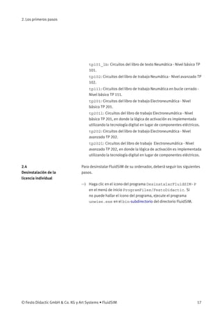 2. Los primeros pasos
tp101_lb: Circuitos del libro de texto Neumática - Nivel básico TP
101.
tp102: Circuitos del libro de trabajo Neumática - Nivel avanzado TP
102.
tp111: Circuitos del libro de trabajo Neumática en bucle cerrado -
Nivel básico TP 111.
tp201: Circuitos del libro de trabajo Electroneumática - Nivel
básico TP 201.
tp201l: Circuitos del libro de trabajo Electroneumática - Nivel
básico TP 201, en donde la lógica de activación es implementada
utilizando la tecnología digital en lugar de componentes eléctricos.
tp202: Circuitos del libro de trabajo Electroneumática - Nivel
avanzado TP 202.
tp202l: Circuitos del libro de trabajo Electroneumática - Nivel
avanzado TP 202, en donde la lógica de activación es implementada
utilizando la tecnología digital en lugar de componentes eléctricos.
2.4
Desinstalación de la
licencia individual
Para desinstalar FluidSIM de su ordenador, deberá seguir los siguientes
pasos.
> Haga clic en el icono del programa DesinstalarFluidSIM-P
en el menú de inicio ProgramFiles/FestoDidactic. Si
no puede hallar el icono del programa, ejecute el programa
unwise.exe en el bin-subdirectorio del directorio FluidSIM.
© Festo Didactic GmbH & Co. KG y Art Systems • FluidSIM 17
 