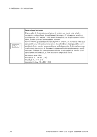 B. La biblioteca de componentes
Generador de funciones
El generador de funciones es una fuente de tensión que puede crear señales
constantes, rectangulares, sinusoidales y triangulares. El intervalo de tensión es
restringido de -10 V a +10 V. La frecuencia, la amplitud y el desplazamiento-y de la
señal, pueden ajustarse dentro de este intervalo.
Adicionalmente, puede especiﬁcarse un perﬁl de tensión. Los puntos de datos pue-
den establecerse interactivamente con un clic del ratón en el campo gráﬁco corres-
pondiente. Estos pueden luego combinarse uniéndolos entre sí. Alternativamente,
pueden marcarse puntos de datos existentes y pueden introducirse valores numé-
ricos para el tiempo y la correspondiente tensión en los campos de entrada. Si se
selecciona la opción bucle, el perﬁl de tensión empieza de nuevo.
Parámetros ajustables:
Frecuencia: 0 ... 100 Hz (1 Hz)
Amplitud: 0 ... 10 V (5 V)
desplazamiento y: -10 ... 10 V (5 V)
284 © Festo Didactic GmbH & Co. KG y Art Systems • FluidSIM
 