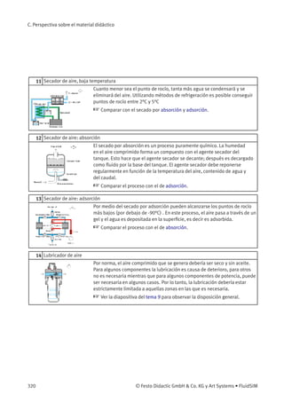 C. Perspectiva sobre el material didáctico
11 Secador de aire, baja temperatura
Cuanto menor sea el punto de rocío, tanta más agua se condensará y se
eliminará del aire. Utilizando métodos de refrigeración es posible conseguir
puntos de rocío entre 2°C y 5°C
☞ Comparar con el secado por absorción y adsorción.
12 Secador de aire: absorción
El secado por absorción es un proceso puramente químico. La humedad
en el aire comprimido forma un compuesto con el agente secador del
tanque. Esto hace que el agente secador se decante; después es decargado
como ﬂuido por la base del tanque. El agente secador debe reponerse
regularmente en función de la temperatura del aire, contenido de agua y
del caudal.
☞ Comparar el proceso con el de adsorción.
13 Secador de aire: adsorción
Por medio del secado por adsorción pueden alcanzarse los puntos de rocío
más bajos (por debajo de -90°C) . En este proceso, el aire pasa a través de un
gel y el agua es depositada en la superﬁcie, es decir es adsorbida.
☞ Comparar el proceso con el de absorción.
14 Lubricador de aire
Por norma, el aire comprimido que se genera debería ser seco y sin aceite.
Para algunos componentes la lubricación es causa de deterioro, para otros
no es necesaria mientras que para algunos componentes de potencia, puede
ser necesaria en algunos casos. Por lo tanto, la lubricación debería estar
estrictamente limitada a aquellas zonas en las que es necesaria.
☞ Ver la diapositiva del tema 9 para observar la disposición general.
320 © Festo Didactic GmbH & Co. KG y Art Systems • FluidSIM
 