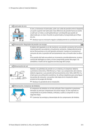 C. Perspectiva sobre el material didáctico
15 Lubricador de aire
El aire, al atravesar el lubricador, sufre una caída de presión entre el depósito
y la parte superior del lubricador. Esta diferencia de presión fuerza al aceite
a subir por un tubo y a salir goteando por una boquilla que puede ser
observada por un visor. El aceite es pulverizado y transportado por el ﬂujo
de aire.
☞ Destacar que es necesario regular cuidadosamente la cantidad de aceite.
16 Alimentación: Regulador de presión con escape
El objeto del regulador es el de mantener una presión constante de funciona-
miento (presión secundaria), virtualmente constante, independientemente
de las ﬂuctuaciones en la red (presión primaria). Cuando se incrementa el
consumo de aire, la presión de funcionamiento cae y el muelle abre la válvu-
la.
Si la presión del lado secundario se incrementa considerablemente, la pieza
central del diafragma se abre y el aire comprimido puede descargar a la
atmósfera a través de los agujeros de descarga del cuerpo.
17 Alimentación de red
Debido a las pérdidas de presión en un sistema, el compresor debería
suministrar entre 650 y 700 kPa (6,5 y 7 bar). Los componentes del sistema
debería regularse a una presión de funcionamiento entre 500 y 600 kPa (5 y
6 bar) para una utilización económica. Se utilizan depósitos para amortiguar
las puntas de consumo. Los puntos más bajos de la instalación deben
proveerse de purgas de drenaje.
☞ Destacar la pendiente de la instalación.
18 Alimentación, Compresor de émbolos
El compresor de émbolos es el más utilizado. Para comprimir a presiones
elevadas se precisan compresores de varias etapas. El aire aspirado es
comprimido en el primer émbolo, enfriado y vuelto a comprimir en una
segunda etapa.
☞ Comentar las ventajas y desventajas de los compresores de émbolo.
© Festo Didactic GmbH & Co. KG y Art Systems • FluidSIM 321
 
