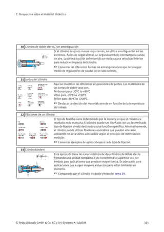 C. Perspectiva sobre el material didáctico
30 Cilindro de doble efecto, con amortiguación
Si el cilindro desplaza masas importantes, se utiliza amortiguación en los
extremos. Antes de llegar al ﬁnal, un segundo émbolo interrumpe la salida
de aire. La última fracción del recorrido se realiza a una velocidad inferior
para reducir el impacto del cilindro.
☞ Comentar las diferentes formas de estrangular el escape del aire por
medio de reguladores de caudal de un sólo sentido.
31 Juntas del cilindro
Aquí se muestran las diferentes disposiciones de juntas. Los materiales de
las juntas de doble vaso son,
Perbunan para -20°C to +80°C
Viton para -20°C to +190°C
Teﬂon para -80°C to +200°C.
☞ Destacar la elección del material correcto en función de la temperatura
de trabajo.
32 Fijaciones de un cilindro
El tipo de ﬁjación viene determinado por la manera en que el cilindro es
montado en la máquina. El cilindro puede ser diseñado con un determinado
tipo de ﬁjación si está destinado a una función especíﬁca. Alternativamente,
el cilindro puede utilizar ﬁjaciones ajustables que pueden alterarse
utilizando los accesorios adecuados según el principio de construcción
modular.
☞ Comentar ejemplos de aplicación para cada tipo de ﬁjación.
33 Cilindro tándem
Esta ejecución tiene las características de dos cilindros de doble efecto
fromando una unidad compacta. Esto incrementa la superﬁcie útil del
émbolo para aplicaciones que precisan mayor fuerza. Es adecuado para
aplicaciones que exigen mayores esfuerzos pero están limitadas en
diámetro.
☞ Compararlo con el cilindro de doble efecto del tema 29.
© Festo Didactic GmbH & Co. KG y Art Systems • FluidSIM 325
 