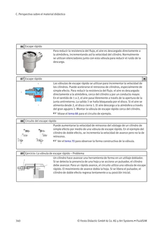 C. Perspectiva sobre el material didáctico
86 Escape rápido
Para reducir la resistencia del ﬂujo, el aire es descargado directamente a
la atmósfera, incrementando así la velocidad del cilindro. Normalmente
se utilizan silenciadores junto con esta válvula para reducir el ruido de la
descarga.
87 Escape rápido
Las válvulas de escape rápido se utilizan para incrementar la velocidad de
los cilindros. Puede acelerarse el retroceso de cilindros, especialmente de
simple efecto. Para reducir la resistencia del ﬂujo. el aire es descargado
directamente a la atmósfera, cerca del cilindro y por un conducto mayor.
En el sentido de 1 a 2, el aire pasa libremente a través de la apertura de la
junta antirretorno. La salida 3 se halla bloqueada por el disco. Si el aire se
alimenta desde 2, el disco cierra 1. El aire descarga a la atmósfera a través
del gran agujero 3. Montar la válvula de escape rápido cerca del cilindro.
☞ Véase el tema 88 para el circuito de ejemplo.
88 Circuito del escape rápido
Puede aumentarse la velocidad de retroceso del vástago de un cilindro de
simple efecto por medio de una válvula de escape rápido. En el ejemplo del
cilindro de doble efecto, se incrementa la velocidad de avance pero no la de
retroceso.
☞ Ver el tema 70 para observar la forma constructiva de la válvula.
89 Ejercicio: La válvula de escape rápido – Problema
Un cilindro hace avanzar una herramienta de forma en un utillaje doblador.
Si se detecta la presencia de una hoja y se acciona un pulsador, el cilindro
debe avanzar. Para un rápido avance, el circuito utiliza una válvula de escape
rápido. El movimiento de avance dobla la hoja. Si se libera el pulsador, el
cilindro de doble efecto regresa lentamente a su posición inicial.
340 © Festo Didactic GmbH & Co. KG y Art Systems • FluidSIM
 