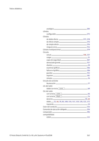 Índice alfabético
analógico 283
cilindro
conﬁgurable 275
Cilindro
de doble efecto 277, 278
de efecto simple 276
de simple efecto 276
ninguno cerca 354
Cilindro multiposicional 279
Circuito
actual 208, 237
cargar 21
copia de seguridad 207
demasiado grande 357
diseñar 29
examinar gráﬁcos 106
fallo en el gráﬁco 106
guardar 355
imprimir 181
simular 24
Circuito de corriente
Numeración 77
clic del ratón
doble con tecla Cotrol 69
Clic del ratón
con la tecla Cotrol 66
con la tecla Mayús 74
derecho 20, 68
doble 23, 68, 70, 83, 109, 110, 117, 119, 120, 122, 172
izquierdo 10
Color del conducto 124
Comando de ejecución obligada 226
comparador 296
compatibilidad
LOGO 125
© Festo Didactic GmbH & Co. KG y Art Systems • FluidSIM 363
 
