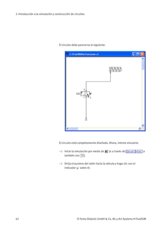 3. Introducción a la simulación y construcción de circuitos
El circuito debe parecerse al siguiente:
El circuito está completamente diseñado. Ahora, intente simularlo.
> Inicie la simulación por medio de (o a través de Ejecutar Iniciar o
también con F9 ).
> Dirija el puntero del ratón hacia la válvula y haga clic con el
indicador sobre él.
42 © Festo Didactic GmbH & Co. KG y Art Systems • FluidSIM
 