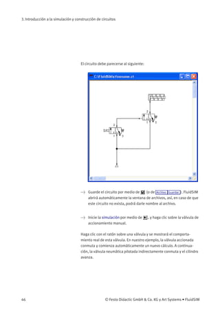 3. Introducción a la simulación y construcción de circuitos
El circuito debe parecerse al siguiente:
> Guarde el circuito por medio de (o de Archivo Guardar ). FluidSIM
abrirá automáticamente la ventana de archivos, así, en caso de que
este circuito no exista, podrá darle nombre al archivo.
> Inicie la simulación por medio de , y haga clic sobre la válvula de
accionamiento manual.
Haga clic con el ratón sobre una válvula y se mostrará el comporta-
miento real de esta válvula. En nuestro ejemplo, la válvula accionada
conmuta y comienza automáticamente un nuevo cálculo. A continua-
ción, la válvula neumática pilotada indirectamente conmuta y el cilindro
avanza.
46 © Festo Didactic GmbH & Co. KG y Art Systems • FluidSIM
 