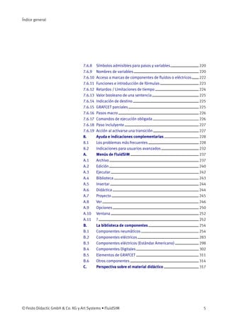 Índice general
7.6.8 Símbolos admisibles para pasos y variables 220
7.6.9 Nombres de variables 220
7.6.10 Acceso a marcas de componentes de ﬂuidos o eléctricos 222
7.6.11 Funciones e introducción de fórmulas 223
7.6.12 Retardos / Limitaciones de tiempo 224
7.6.13 Valor booleano de una sentencia 225
7.6.14 Indicación de destino 225
7.6.15 GRAFCET parciales 225
7.6.16 Pasos macro 226
7.6.17 Comandos de ejecución obligada 226
7.6.18 Paso inclulyente 227
7.6.19 Acción al activarse una transición 227
8. Ayuda e indicaciones complementarias 228
8.1 Los problemas más frecuentes 228
8.2 Indicaciones para usuarios avanzados 232
A. Menús de FluidSIM 237
A.1 Archivo 237
A.2 Edición 240
A.3 Ejecutar 242
A.4 Biblioteca 243
A.5 Insertar 244
A.6 Didáctica 244
A.7 Proyecto 245
A.8 Ver 246
A.9 Opciones 250
A.10 Ventana 252
A.11 ? 252
B. La biblioteca de componentes 254
B.1 Componentes neumáticos 254
B.2 Componentes eléctricos 283
B.3 Componentes eléctricos (Estándar Americano) 298
B.4 Componentes Digitales 302
B.5 Elementos de GRAFCET 311
B.6 Otros componentes 314
C. Perspectiva sobre el material didáctico 317
© Festo Didactic GmbH & Co. KG y Art Systems • FluidSIM 5
 