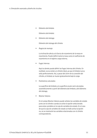 4. Simulación avanzada y diseño de circuitos
• Diámetro del émbolo
Diámetro del émbolo
• Diámetro del vástago
Diámetro del vástago del cilindro
• Ángulo de montaje
La inclinación afecta a la fuerza de rozamiento de la masa en
movimiento. Puede deﬁnir tanto la masa como el coeﬁciente de
rozamiento en el registro carga externa.
• Fugas internas
Aquí es donde puede deﬁnir las fugas internas del cilindro. En
realidad, nunca existe un cilindro ideal, ya que el émbolo nunca
sella perfectamente. Así, a pesar del cierre de la conexión del
cilindro, el émbolo se mueve gradualmente bajo la carga.
• Parámetros calculados
La superﬁcie del émbolo y la superﬁcie anular será calculadas
automáticamente a partir del diámetro del émbolo y del diámetro
del vástago.
• Mostrar Valores
En el campo Mostrar Valores puede señalar las variables de estado
junto con el cilindro cuando se active la opción seleccionado
para estas variables en la caja de variables de estado. En el caso
de que la caja de variables de estado se halle activa la opción
no, no se mostrarán las variables relacionadas con el cilindro
correspondiente.
© Festo Didactic GmbH & Co. KG y Art Systems • FluidSIM 55
 