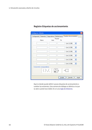4. Simulación avanzada y diseño de circuitos
Registro Etiquetas de accionamiento
Aquí es donde puede deﬁnir nuevas etiquetas de accionamiento o
cambiar las existentes. Esta ventana de diálogo es idéntica a la que
se abre cuando hace doble clic en una regla de distancia.
60 © Festo Didactic GmbH & Co. KG y Art Systems • FluidSIM
 