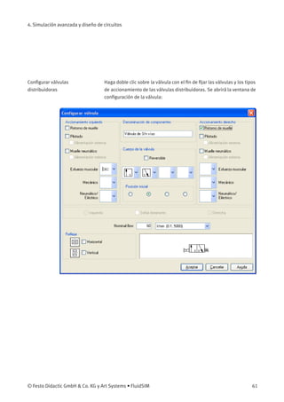 4. Simulación avanzada y diseño de circuitos
Conﬁgurar válvulas
distribuidoras
Haga doble clic sobre la válvula con el ﬁn de ﬁjar las válvulas y los tipos
de accionamiento de las válvulas distribuidoras. Se abrirá la ventana de
conﬁguración de la válvula:
© Festo Didactic GmbH & Co. KG y Art Systems • FluidSIM 61
 