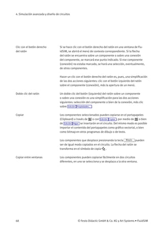 4. Simulación avanzada y diseño de circuitos
Clic con el botón derecho
del ratón
Si se hace clic con el botón derecho del ratón en una ventana de Flu-
idSIM, se abrirá el menú de contexto correspondiente. Si la ﬂecha
del ratón se encuentra sobre un componente o sobre una conexión
del componente, se marcará ese punto indicado. Si ese componente
(conexión) no estaba marcado, se hará una selección, eventualmente,
de otros componentes.
Hacer un clic con el botón derecho del ratón es, pues, una simpliﬁcación
de las dos acciones siguientes: clic con el botón izquierdo del ratón
sobre el componente (conexión), más la apertura de un menú.
Doble clic del ratón Un doble clic del botón (izquierdo) del ratón sobre un componente
o sobre una conexión es una simpliﬁcación para las dos acciones
siguientes: selección del componente o bien de la conexión, más clic
sobre Edición Propiedades... .
Copiar Los componentes seleccionados pueden copiarse en el portapapeles
(Clipboard) a través de o con Edición Copiar ; por medio de o bien
de Edición Pegar se insertarán en el circuito. Del mismo modo es posible
importar el contenido del portapapeles como gráﬁco vectorial, o bien
como bitmap en otros programas de dibujo o de texto.
Los componentes que desplace presionando la tecla Mayús pueden
ser de igual modo copiados en el circuito. La ﬂecha del ratón se
transforma en el símbolo de copia .
Copiar entre ventanas Los componentes pueden copiarse fácilmente en dos circuitos
diferentes, en uno se selecciona y se desplaza a la otra ventana.
68 © Festo Didactic GmbH & Co. KG y Art Systems • FluidSIM
 