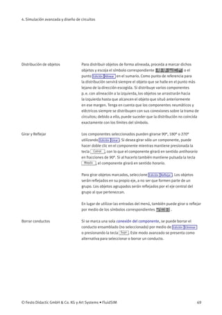 4. Simulación avanzada y diseño de circuitos
Distribución de objetos Para distribuir objetos de forma alineada, proceda a marcar dichos
objetos y escoja el símbolo correspondiente o el
punto Edición Alinear en el sumario. Como punto de referencia para
la distribución servirá siempre el objeto que se halle en el punto más
lejano de la dirección escogida. Si distribuye varios componentes
p. e. con alineación a la izquierda, los objetos se arrastrarán hacia
la izquierda hasta que alcancen el objeto que situó anteriormente
en ese margen. Tenga en cuenta que los componentes neumáticos y
eléctricos siempre se distribuyen con sus conexiones sobre la trama de
circuitos; debido a ello, puede suceder que la distribución no coincida
exactamente con los límites del símbolo.
Girar y Reﬂejar Los componentes seleccionados pueden girarse 90°, 180° o 270°
utilizando Edición Girar . Si desea girar sólo un componente, puede
hacer doble clic en el componente mientras mantiene presionada la
tecla Cotrol , con lo que el componente girará en sentido antihorario
en fracciones de 90°. Si al hacerlo también mantiene pulsada la tecla
Mayús , el componente girará en sentido horario.
Para girar objetos marcados, seleccione Edición Reﬂejar . Los objetos
serán reﬂejados en su propio eje, a no ser que formen parte de un
grupo. Los objetos agrupados serán reﬂejados por el eje central del
grupo al que pertenezcan.
En lugar de utilizar las entradas del menú, también puede girar o reﬂejar
por medio de los símbolos correspondientes .
Borrar conductos Si se marca una sola conexión del componente, se puede borrar el
conducto ensamblado (no seleccionado) por medio de Edición Eliminar
o presionando la tecla Supr . Este modo avanzado se presenta como
alternativa para seleccionar o borrar un conducto.
© Festo Didactic GmbH & Co. KG y Art Systems • FluidSIM 69
 