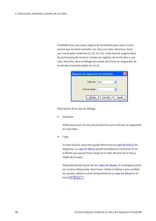 4. Simulación avanzada y diseño de circuitos
FluidSIM inicia una nueva regleta de terminales para cada circuito
parcial que no tiene conexión con otros circuitos eléctricos. Estos
son numerados mediante X1, X2, X3, etc. Cada lista de asignaciones
de terminal puede mostrar o todas las regletas de terminales o una
sola. Para ello, abra el diálogo de estado de la lista de asignación de
terminales haciendo doble clic en él:
Descripción de la caja de diálogo:
• Selection
Deﬁne para qué circuito parcial eléctrico será indicada la asignación
en esta tabla.
• Capa
En esta lista de selección puede determinar la capa de dibujo del
diagrama. La capa de dibujo puede establecerse haciendo clic en
la ﬂecha que apunta hacia abajo en el lado derecho de la lista y
eligiendo la capa.
Dependiendo del ajuste de las capas de dibujo, el rectángulo puede
ser oculto o bloqueado. Para hacer visible el objeto o para cambiar
los ajustes, deberá activar temporalmente la capa de dibujo en el
menú Ver Capas... .
80 © Festo Didactic GmbH & Co. KG y Art Systems • FluidSIM
 