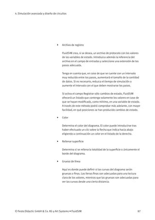 4. Simulación avanzada y diseño de circuitos
• Archivo de registro
FluidSIM crea, si se desea, un archivo de protocolo con los valores
de las variables de estado. Introduzca además la referencia del
archivo en el campo de entradas y seleccione una extensión de los
pasos adecuada.
Tenga en cuenta que, en caso de que se cuente con un intervalo
muy reducido entre los pasos, aumentará el tamaño de la cantidad
de datos. Si es necesario, reduzca el tiempo de simulación o
aumente el intervalo con el que deben mostrarse los pasos.
Si activa el campo Registrar sólo cambios de estado, FluidSIM
ofrecerá un listado que contenga solamente los valores en caso de
que se hayan modiﬁcado, como mínimo, en una variable de estado.
A través de este método podrá comprobar más adelante, con mayor
facilidad, en qué posiciones se han producido cambios de estado.
• Color
Determina el color del diagrama. El color puede introducirse tras
haber efectuado un clic sobre la ﬂecha que indica hacia abajo
eligiendo a continuación un color en el listado de la derecha.
• Rellenar superﬁcie
Determina si se rellena la totalidad de la superﬁcie o únicamente el
borde del diagrama.
• Grueso de línea
Aquí es donde puede deﬁnir si las curvas del diagrama serán
gruesas o ﬁnas. Las líenas ﬁnas son adecuadas para una lectura
clara de los valores, mientras que las gruesas son adecuadas para
ver las curvas desde una cierta distancia.
© Festo Didactic GmbH & Co. KG y Art Systems • FluidSIM 87
 