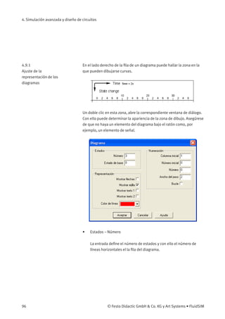 4. Simulación avanzada y diseño de circuitos
4.9.1
Ajuste de la
representación de los
diagramas
En el lado derecho de la ﬁla de un diagrama puede hallar la zona en la
que pueden dibujarse curvas.
Un doble clic en esta zona, abre la correspondiente ventana de diálogo.
Con ello puede determinar la apariencia de la zona de dibujo. Asegúrese
de que no haya un elemento del diagrama bajo el ratón como, por
ejemplo, un elemento de señal.
• Estados – Número
La entrada deﬁne el número de estados y con ello el número de
líneas horizontales el la ﬁla del diagrama.
96 © Festo Didactic GmbH & Co. KG y Art Systems • FluidSIM
 