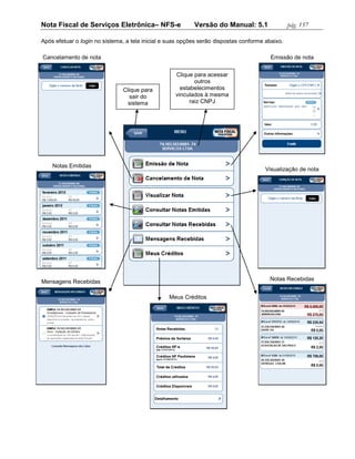 Nota Fiscal de Serviços Eletrônica– NFS-e                  Versão do Manual: 5.1                 pág. 157

Após efetuar o login no sistema, a tela inicial e suas opções serão dispostas conforme abaixo.

Cancelamento de nota                                                                     Emissão de nota


                                                    Clique para acessar
                                                            outros
                               Clique para            estabelecimentos
                                  sair do           vinculados à mesma
                                 sistema                  raiz CNPJ




    Notas Emitidas
                                                                                       Visualização de nota




Mensagens Recebidas                                                                     Notas Recebidas


                                                 Meus Créditos
 