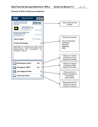 Nota Fiscal de Serviços Eletrônica– NFS-e   Versão do Manual: 5.1            pág. 160

Exemplo de NFS-e emitida por smartphone:




                                                    Tela resumo da nota
                                                           emitida




                                                    Clique para acessar:

                                                   - Tipo de tributação;
                                                   - Deduções;
                                                   - Alíquota;
                                                   - Retenção;
                                                   - RPS.



                                                      Indica se a nota foi
                                                      enviada por e-mail
                                                     (opção do tomador)

                                                      Indica se a nota foi
                                                       enviada por SMS
                                                     (opção do tomador)


                                                      Clique para ver a
                                                    imagem completa da
                                                         nota (layout
                                                        padronizado)

                                                     Clique para enviar a
                                                      nota por e-mail ao
                                                     tomador do serviço
 