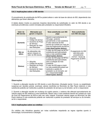 Nota Fiscal de Serviços Eletrônica– NFS-e                 Versão do Manual: 5.1              pág. 74

5.6.3. Implicações sobre o ISS devido


O procedimento de substituição de NFS-e poderá alterar o valor da base de cálculo do ISS, dependendo dos
elementos que forem alterados.

A tabela abaixo mostra os possíveis impactos decorrentes da substituição no valor do ISS devido e as
eventuais providências a serem tomadas pelo prestador ou responsável tributário.



        Valor do         Alterações que         Nota substituída com ISS         Nota substituída
       ISS devido       geram o impacto                  pago                   com ISS não pago

                                              Haverá a aproveitamento do
                      Alíquota;
                                              ISS pago, quitando
                      Código de serviço;
                                              parcialmente a nota substituta.
                      Aumento do Preço
        Aumenta                               O valor adicional de ISS
                       do Serviço;
                                              deverá ser quitado por meio da
                      Redução do Valor
                                              Guia de Pagamentos da NFS-e
                       das Deduções.
                                              (veja observações abaixo).
                                              O valor de ISS pago da NFS-e
                     As alterações não                                          O pagamento do ISS
         Não se                               substituída será aproveitado
                     geram impacto no                                              será feito pelo
         altera                               para a nota substituta (veja
                     valor do ISS devido.                                          procedimento
                                              observações abaixo).
                                                                                 normal – Guias de
                                              O valor de ISS pago da NFS-e
                                                                                Pagamento da NFS-
                                              substituída será aproveitado
                                                                                         e.
                      Alíquota;              para a quitação da nota
                      Código de serviço;     substituta.
                      Redução do Preço       O valor de ISS pago a maior
        Diminui
                       do Serviço;            na nota substituída poderá ser
                      Aumento do Valor       restituído a pedido do
                       das Deduções.          prestador ou do tomador, ser
                                              for o responsável (veja
                                              observações abaixo).


Observações:

1. Quando a alteração resultar em ISS devido a outro Município, tributação isenta / imune, ou exigibilidade
suspensa por decisão judicial, eventuais valores recolhidos ao Município de São Paulo relativos à nota
substituída poderão ser restituídos a pedido do prestador de serviços ou do tomador, se for o responsável.

2. Quando a alteração resultar em mudança do sujeito passivo, o sistema não efetuará aproveitamento de
valores pagos de ISS relativos à nota substituída. Nesse caso a nota substituta deverá ser quitada por meio
da Guia de Pagamentos da NFS-e pelo seu valor integral. Eventuais valores pagos ao Município de São
Paulo relativos à nota substituída poderão ser restituídos a pedido do prestador de serviços ou do tomador,
se for o responsável.


5.6.4. Implicações sobre os créditos


Os créditos não tributários gerados por notas substitutas respeitarão as regras vigentes quanto à
terminologia, funcionamento e utilização.
 