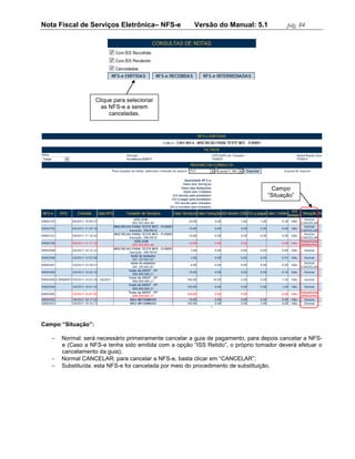 Nota Fiscal de Serviços Eletrônica– NFS-e              Versão do Manual: 5.1             pág. 84




                    Clique para selecionar
                      as NFS-e a serem
                         canceladas.




                                                                                   Campo
                                                                                  “Situação”




Campo “Situação”:

      Normal: será necessário primeiramente cancelar a guia de pagamento, para depois cancelar a NFS-
       e (Caso a NFS-e tenha sido emitida com a opção “ISS Retido”, o próprio tomador deverá efetuar o
       cancelamento da guia);
      Normal CANCELAR: para cancelar a NFS-e, basta clicar em “CANCELAR”;
      Substituída: esta NFS-e foi cancelada por meio do procedimento de substituição.
 