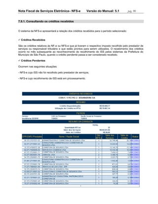 Nota Fiscal de Serviços Eletrônica– NFS-e                  Versão do Manual: 5.1              pág. 90


7.9.1. Consultando os créditos recebidos


O sistema da NFS-e apresentará a relação dos créditos recebidos para o período selecionado:


 Créditos Recebidos

São os créditos relativos às NF-e ou NFS-e que já tiveram o respectivo imposto recolhido pelo prestador de
serviços ou responsável tributário e que estão prontos para serem utilizados. O recebimento dos créditos
ocorre no mês subsequente ao reconhecimento do recolhimento do ISS pelos sistemas da Prefeitura do
Município de São Paulo, quando o crédito pendente passa a ser considerado recebido.

 Créditos Pendentes

Ocorrem nas seguintes situações:

- NFS-e cujo ISS não foi recolhido pelo prestador de serviços;

- NFS-e cujo recolhimento de ISS está em processamento.
 