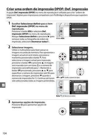 Criar uma ordem de impressão DPOF: Def. impressão
      A opção Def. impressão (DPOF) no menu de reprodução é utilizada para criar “ordens de
      impressão” digitais para impressoras compatíveis com PictBridge e dispositivos que suportem
      DPOF.

        1   Escolher Seleccionar/definir para o item
            Def. impressão (DPOF) no menu de
            reprodução.
            Pressione o botão G e selecione Def.
            impressão (DPOF) no menu de reprodução.
            Marque Seleccionar/definir e pressione 2 (para
            remover todas as fotografias da ordem de       Botão G
            impressão, seleccione Desmarcar todas? ).

        2   Seleccionar imagens.
            Utilize o multisseletor para fazer passar as
            imagens no cartão de memória. Para apresentar a
            imagem actual em ecrã inteiro, pressione e
            mantenha pressionado o botão X. Para
            seleccionar a imagem actual para impressão,
            pressione o botão W e pressione 1. A imagem
            será marcada com um ícone Z e o número de
            impressões será definido para 1. Mantendo o
            botão W pressionado, pressione 1 ou 3 para
            especificar o número de impressões (até 99; para
            desmarcar a imagem, pressione 3 quando o
            número de impressões for 1). Continue até terem W + 13: Escolha o número de cópias
            sido seleccionadas todas as imagens pretendidas.

Q


                                                                 Botão X: Ver foto em ecrã inteiro


        3   Apresentar opções de impressão.
            Pressione J para apresentar opções de
            impressão.




124
 
