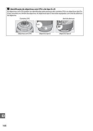 A   Identificação de objectivas com CPU e de tipo G e D
      As objectivas com CPU podem ser identificadas pela presença dos contatos CPU e as objectivas tipo G e
      D por uma letra no cilindro da objectiva. As objectivas tipo G não estão equipadas com anel de abertura
      da objectiva.
                       Contatos CPU                                               Anel de abertura




                    Objectiva com CPU            Objectiva tipo G            Objectiva tipo D




n


168
 
