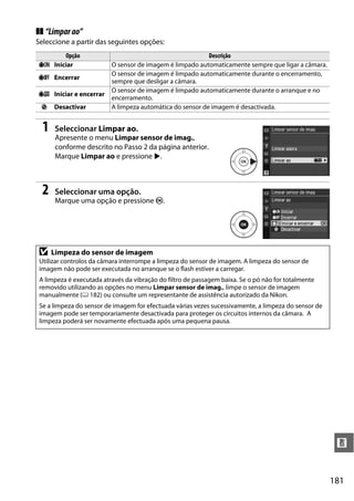 ❚❚ “Limpar ao”
Seleccione a partir das seguintes opções:
      Opção                                                Descrição
5 Iniciar                 O sensor de imagem é limpado automaticamente sempre que ligar a câmara.
                          O sensor de imagem é limpado automaticamente durante o encerramento,
6 Encerrar
                          sempre que desligar a câmara.
                          O sensor de imagem é limpado automaticamente durante o arranque e no
7 Iniciar e encerrar
                          encerramento.
 8    Desactivar          A limpeza automática do sensor de imagem é desactivada.


  1    Seleccionar Limpar ao.
       Apresente o menu Limpar sensor de imag.,
       conforme descrito no Passo 2 da página anterior.
       Marque Limpar ao e pressione 2.



  2    Seleccionar uma opção.
       Marque uma opção e pressione J.




 D    Limpeza do sensor de imagem
 Utilizar controlos da câmara interrompe a limpeza do sensor de imagem. A limpeza do sensor de
 imagem não pode ser executada no arranque se o flash estiver a carregar.
 A limpeza é executada através da vibração do filtro de passagem baixa. Se o pó não for totalmente
 removido utilizando as opções no menu Limpar sensor de imag., limpe o sensor de imagem
 manualmente (0 182) ou consulte um representante de assistência autorizado da Nikon.
 Se a limpeza do sensor de imagem for efectuada várias vezes sucessivamente, a limpeza do sensor de
 imagem pode ser temporariamente desactivada para proteger os circuitos internos da câmara. A
 limpeza poderá ser novamente efectuada após uma pequena pausa.




                                                                                                       n


                                                                                                      181
 