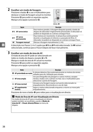2   Escolher um modo de focagem.
         Pressione o botão P e use o multisseletor para
         destacar o modo de focagem actual no monitor.
         Pressione J para exibir as seguintes opções.
         Marque uma opção e pressione J.

                                                                  Botão P
                      Opção                                         Descrição
                                      Para motivos parados. A focagem bloqueia quando o botão de
          AF-S AF servo único         disparo do obturador é ligeiramente pressionado. O obturador só
                                      poderá ser disparado se a câmara conseguir focar.
                                      Para motivos em movimento. A câmara foca continuamente
                 AF servo
          AF-F                        durante a visualização em directo e a gravação do filme. O
                 permanente
                                      obturador só poderá ser disparado se a câmara conseguir focar.
          MF Focagem manual           Efectue a focagem manualmente (0 43).
x        A descrição nos Passos 3, 4 e 5 supõe que AF-S ou AF-F está seleccionado. Se MF estiver
         seleccionado, continue para o Passo 6 depois de focar manualmente.

     3   Escolher um modo de área de AF.
         O modo de área de AF pode ser seleccionado em
         todos os modos de disparo, excepto i e j.
         Marque o modo de área de AF actual no monitor.
         Pressione J para exibir as seguintes opções.
         Marque uma opção e pressione J.

                      Modo                                          Descrição
                                     A câmara detecta e foca automaticamente os motivos de retrato
          8   AF prioridade ao rosto
                                     voltados para ela. Utilização para retratos.
                                     Use para fotografias de paisagens e outros motivos, excepto
          9   AF área ampla          retratos, tirados com a câmara na mão. Use o multisseletor para
                                     seleccionar o ponto de focagem.
                                     Use para uma focagem exacta num ponto seleccionado no
          !   AF área normal
                                     enquadramento. Recomenda-se o uso de tripé.
              AF seguimento          Segue o motivo seleccionado enquanto o mesmo se move pelo
         "
              motivo                 enquadramento.
         Pressione de novo o botão P para voltar para a visualização em directo.

          A      Modo de Área de AF com Visualização em Directo
          Os modos de área de AF para a visualização em directo
          podem também ser escolhidos usando o Modo de
          área de AF > Visual. directo/filmes no menu de
          disparo.




38
 