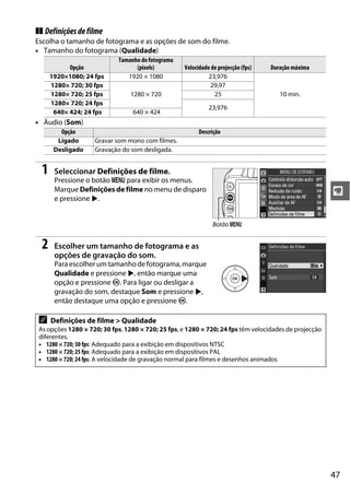 ❚❚ Definições de filme
Escolha o tamanho de fotograma e as opções de som do filme.
• Tamanho do fotograma (Qualidade)
                            Tamanho do fotograma
            Opção                 (pixels)          Velocidade de projecção (fps)   Duração máxima
      1920×1080; 24 fps        1920 × 1080                    23,976
      1280× 720; 30 fps                                       29,97
      1280× 720; 25 fps          1280 × 720                     25                     10 min.
      1280× 720; 24 fps
                                                              23,976
       640× 424; 24 fps          640 × 424
• Áudio (Som)
         Opção                                            Descrição
        Ligado      Gravar som mono com filmes.
       Desligado    Gravação do som desligada.


  1    Seleccionar Definições de filme.
       Pressione o botão G para exibir os menus.
       Marque Definições de filme no menu de disparo                                                   y
       e pressione 2.


                                                                Botão G


  2    Escolher um tamanho de fotograma e as
       opções de gravação do som.
       Para escolher um tamanho de fotograma, marque
       Qualidade e pressione 2, então marque uma
       opção e pressione J. Para ligar ou desligar a
       gravação do som, destaque Som e pressione 2,
       então destaque uma opção e pressione J.

 A    Definições de filme > Qualidade
 As opções 1280 × 720; 30 fps, 1280 × 720; 25 fps, e 1280 × 720; 24 fps têm velocidades de projecção
 diferentes.
 • 1280 × 720; 30 fps: Adequado para a exibição em dispositivos NTSC
 • 1280 × 720; 25 fps: Adequado para a exibição em dispositivos PAL
 • 1280 × 720; 24 fps: A velocidade de gravação normal para filmes e desenhos animados




                                                                                                       47
 