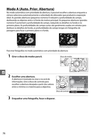 Modo A (Auto. Prior. Abertura)
     No modo automático com prioridade da abertura, é possivel escolher a abertura enquanto a
     câmara selecciona automaticamente a velocidade do obturador que produzirá a exposição
     ideal. As grandes aberturas (pequenos números f) reduzem a profundidade do campo,
     desfocando os objectos atrás e à frente do motivo principal. As pequenas aberturas (grandes
     números f) aumentam a profundidade do campo, realçando os detalhes no fundo e no
     primeiro plano. As profundidades do campo curtas são geralmente usadas em retratos para
     desfocar os detalhes do fundo, as profundidades do campo longas em fotografias de
     paisagens para focar o primeiro plano e o fundo.




                 Abertura grande (f/5.6)                           Abertura pequena (f/22)

     Para tirar fotografias no modo automático com prioridade da abertura:

       1   Girar o disco de modos para A.                           Disco de modos




t
       2   Escolher uma abertura.
           A abertura é mostrada no visor e no ecrã de
           informações. Gire o disco de controlo para
           escolher a abertura desejada a partir dos valores
           entre o mínimo e o máximo para a objectiva.

                                                               Disco de controlo


       3   Enquadrar uma fotografia, focar e disparar.




76
 