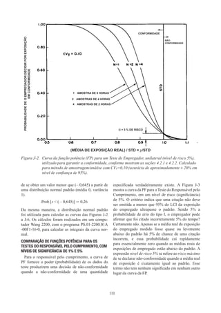 111
de se obter um valor menor que (– 0,645) a partir de
uma distribuição normal padrão (média 0, variância
1).
Prob [z  ( – 0,645)] ≃ 0,26
Da mesma maneira, a distribuição normal padrão
foi utilizada para calcular as curvas das Figuras J-2
a J-6. Os cálculos foram realizados em um compu-
tador Wang 2200, com o programa PS.01-2200.01A
-00F1-16-0, para calcular as integrais da curva nor-
mal.
COMPARAÇÃO DE FUNÇÕES POTÊNCIA PARA OS
TESTES DO RESPONSÁVEL PELO CUMPRIMENTO, COM
NÍVEIS DE SIGNIFICÂNCIA DE 1% E 5%
Para o responsável pelo cumprimento, a curva de
PF fornece o poder (probabilidade) de os dados do
teste produzirem uma decisão de não-conformidade
quando a não-conformidade de uma quantidade
especificada verdadeiramente existe. A Figura J-3
mostra a curva da PF para o Teste do Responsável pelo
Cumprimento, em um nível de risco (significância)
de 5%. O critério indica que uma citação não deve
ser emitida a menos que 95% do LCI da exposição
do empregado ultrapasse o padrão. Sendo 5% a
probabilidade de erro do tipo I, o empregador pode
afirmar que foi citado incorretamente 5% do tempo?
Certamente não. Apenas se a média real da exposição
do empregado medido fosse quase ou levemente
abaixo do padrão há 5% de chance de uma citação
incorreta, e essa probabilidade cai rapidamente
para essencialmente zero quando as médias reais de
exposições de empregado estão abaixo do padrão. A
expressão nível de risco 5% se refere ao risco máximo
de se declarar não-conformidade quando a média real
de exposição é exatamente igual ao padrão. Esse
termo não tem nenhum significado em nenhum outro
lugar da curva da FP.
Figura J-2.	 Curva da função potência (FP) para um Teste de Empregador, unilateral (nível de risco 5%),
utilizado para garantir a conformidade, conforme mostram as seções 4.2.1 e 4.2.2. Calculado
para método de amostragem/análise com CVT=0,10 (acurácia de aproximadamente ± 20% em
nível de confiança de 95%).
NÃO-
CONFORMIDADE
1  AMOSTRA DE 8 HORAS
2  AMOSTRAS DE 4 HORAS
4  AMOSTRAS DE 2 HORAS
α = 5 % DE RISCO
CONFORMIDADE
PROBABILIDADE
DE
O
EMPREGADOR
DECIDIR
POR
EXPOSIÇÃO
EM
CONFORMIDADE
(MÉDIA DE EXPOSIÇÃO REAL) / STD = μ/STD
 