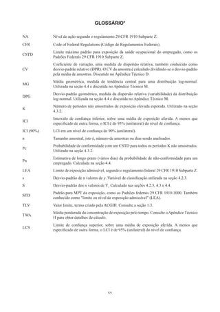 xv
GLOSSÁRIO*
NA Nível de ação segundo o regulamento 29 CFR 1910 Subparte Z.
CFR Code of Federal Regulations (Código de Regulamentos Federais).
CSTD
Limite máximo padrão para exposição da saúde ocupacional do empregado, como os
Padrões Federais 29 CFR 1910 Subparte Z.
CV
Coeficiente de variação, uma medida de dispersão relativa, também conhecido como
desvio-padrão relativo (DPR). O CV da amostra é calculado dividindo-se o desvio-padrão
pela média de amostras. Discutido no Apêndice Técnico D.
MG
Média geométrica, medida de tendência central para uma distribuição log-normal.
Utilizada na seção 4.4 e discutida no Apêndice Técnico M.
DPG
Desvio-padrão geométrico, medida da dispersão relativa (variabilidade) da distribuição
log-normal. Utilizada na seção 4.4 e discutida no Apêndice Técnico M.
K
Número de períodos não amostrados de exposição elevada esperada. Utilizado na seção
4.3.2.
ICI
Intervalo de confiança inferior, sobre uma média de exposição aferida. A menos que
especificado de outra forma, o ICI é de 95% (unilateral) do nível de confiança.
ICI (90%) LCI em um nível de confiança de 90% (unilateral).
n Tamanho amostral, isto é, número de amostras ou dias sendo analisados.
Pc
Probabilidade de conformidade com um CSTD para todos os períodos K não amostrados.
Utilizado na seção 4.3.2.
Pn
Estimativa de longo prazo (vários dias) da probabilidade de não-conformidade para um
empregado. Calculada na seção 4.4.
LEA Limite de exposição admissível, segundo o regulamento federal 29 CFR 1910 Subparte Z.
s Desvio-padrão de n valores de y. Variável de classificação utilizada na seção 4.2.3.
S Desvio-padrão dos n valores de Y1
Calculado nas seções 4.2.3, 4.3 e 4.4.
STD
Padrão para MPT da exposição, como os Padrões federais 29 CFR 1910.1000. Também
conhecido como limite ou nível de exposição admissível (LEA).
TLV Valor limite, termo criado pela ACGIH. Consulte a seção 1.3.
TWA
Média ponderada da concentração de exposição pelo tempo. Consulte oApêndice Técnico
H para obter detalhes de cálculo.
LCS
Limite de confiança superior, sobre uma média de exposição aferida. A menos que
especificado de outra forma, o LCI é de 95% (unilateral) do nível de confiança.
 