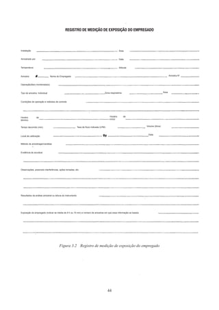 44
REGISTRO DE MEDIÇÃO DE EXPOSIÇÃO DO EMPREGADO
Instalação
Amostrado por
Temperatura
Amostra Nome do Empregado
Operação(ões) monitorada(s)
Tipo de amostra: Individual
Condições de operação e métodos de controle
Horário de
término
Taxa de fluxo indicada (LPM)
Horário de
início
Volume (litros)
Zona respiratória
Altitude
Data
Área
Área
Amostra N°
Data
Tempo decorrido (min)
Local de calibração
Método de amostragem/análise
Evidência de acurácia
Observações, possíveis interferências, ações tomadas, etc.
Resultados da análise amostral ou leitura do instrumento
Exposição do empregado (indicar se média de 8 h ou 15 min) e número de amostras em que essa informação se baseia
Figura 3.2	 Registro de medição de exposição do empregado
 