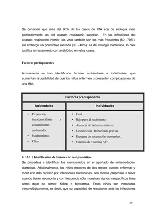 29
Se considera que más del 90% de los casos de IRA son de etiología viral,
particularmente las del aparato respiratorio superior. En las infecciones del
aparato respiratorio inferior, los virus también son los más frecuentes (60 -70%),
sin embargo, un porcentaje elevado (30 - 40%) es de etiología bacteriana, lo cual
justifica un tratamiento con antibiótico en estos casos.
Factores predisponentes
Actualmente se han identificado factores ambientales e individuales, que
aumentan la posibilidad de que los niños enfermen o presenten complicaciones de
una IRA.
Factores predisponente
Ambientales Individuales
• Exposición
intradomiciliaria a
contaminantes
ambientales.
• Hacinamiento.
• Clima
• Edad.
• Bajo peso al nacimiento.
• Ausencia de lactancia materna.
• Desnutrición. Infecciones previas.
• Esquema de vacunación incompleto.
• Carencia de vitamina “A”.
6.1.2.1.1 Identificación de factores de mal pronóstico.
Se procederá a identificar los mencionados en el apartado de enfermedades
diarreicas. Adicionalmente, los niños menores de dos meses pueden enfermar y
morir con más rapidez por infecciones bacterianas, son menos propensos a toser
cuando tienen neumonía y con frecuencia sólo muestran signos inespecíficos tales
como dejar de comer, fiebre o hipotermia. Estos niños son inmaduros
inmunológicamente, es decir, que su capacidad de reaccionar ante las infecciones
 