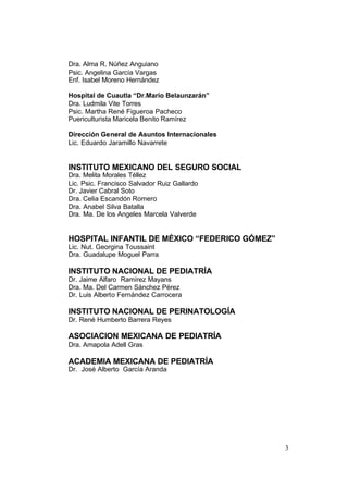 3
Dra. Alma R. Núñez Anguiano
Psic. Angelina García Vargas
Enf. Isabel Moreno Hernández
Hospital de Cuautla “Dr.Mario Belaunzarán”
Dra. Ludmila Vite Torres
Psic. Martha René Figueroa Pacheco
Puericulturista Maricela Benito Ramírez
Dirección General de Asuntos Internacionales
Lic. Eduardo Jaramillo Navarrete
INSTITUTO MEXICANO DEL SEGURO SOCIAL
Dra. Melita Morales Téllez
Lic. Psic. Francisco Salvador Ruiz Gallardo
Dr. Javier Cabral Soto
Dra. Celia Escandón Romero
Dra. Anabel Silva Batalla
Dra. Ma. De los Angeles Marcela Valverde
HOSPITAL INFANTIL DE MÉXICO “FEDERICO GÓMEZ”
Lic. Nut. Georgina Toussaint
Dra. Guadalupe Moguel Parra
INSTITUTO NACIONAL DE PEDIATRÍA
Dr. Jaime Alfaro Ramírez Mayans
Dra. Ma. Del Carmen Sánchez Pérez
Dr. Luis Alberto Fernández Carrocera
INSTITUTO NACIONAL DE PERINATOLOGÍA
Dr. René Humberto Barrera Reyes
ASOCIACION MEXICANA DE PEDIATRÍA
Dra. Amapola Adell Gras
ACADEMIA MEXICANA DE PEDIATRÍA
Dr. José Alberto García Aranda
 