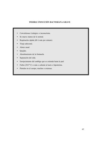 45
POSIBLE INFECCIÓN BACTERIANA GRAVE
• Convulsiones Letárgico o inconsciente.
• Se mueve menos de lo normal.
• Respiración rápida (60 ó más por minuto).
• Tiraje subcostal.
• Aleteo nasal.
• Quejido.
• Abombamiento de la fontanela.
• Supuración del oído.
• Enrojecimiento del ombligo que se extiende hasta la piel.
• Fiebre (38.5º C) o más o caliente al tacto o hipotermia.
• Pústulas en el cuerpo, muchas o extensas.
 