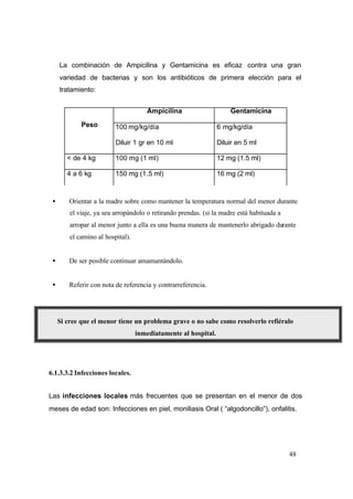 48
La combinación de Ampicilina y Gentamicina es eficaz contra una gran
variedad de bacterias y son los antibióticos de primera elección para el
tratamiento:
• Orientar a la madre sobre como mantener la temperatura normal del menor durante
el viaje, ya sea arropándolo o retirando prendas. (si la madre está habituada a
arropar al menor junto a ella es una buena manera de mantenerlo abrigado durante
el camino al hospital).
• De ser posible continuar amamantándolo.
• Referir con nota de referencia y contrarreferencia.
Si cree que el menor tiene un problema grave o no sabe como resolverlo refiéralo
inmediatamente al hospital.
6.1.3.3.2 Infecciones locales.
Las infecciones locales más frecuentes que se presentan en el menor de dos
meses de edad son: Infecciones en piel, moniliasis Oral ( “algodoncillo”), onfalitis.
Ampicilina Gentamicina
Peso 100 mg/kg/día
Diluir 1 gr en 10 ml
6 mg/kg/día
Diluir en 5 ml
< de 4 kg 100 mg (1 ml) 12 mg (1.5 ml)
4 a 6 kg 150 mg (1.5 ml) 16 mg (2 ml)
 