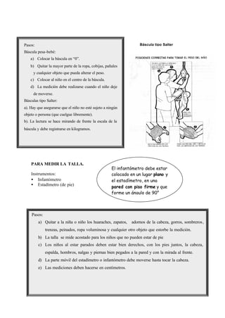 54
PARA MEDIR LA TALLA.
Instrumentos:
• Infantómetro
• Estadímetro (de pie)
Pasos:
Báscula pesa-bebé:
a) Colocar la báscula en “0”.
b) Quitar la mayor parte de la ropa, cobijas, pañales
y cualquier objeto que pueda alterar el peso.
c) Colocar al niño en el centro de la báscula.
d) La medición debe realizarse cuando el niño deje
de moverse.
Básculas tipo Salter:
a). Hay que asegurarse que el niño no esté sujeto a ningún
objeto o persona (que cuelgue libremente).
b). La lectura se hace mirando de frente la escala de la
báscula y debe registrarse en kilogramos.
El infantómetro debe estar
colocado en un lugar plano y
el estadímetro, en una
pared con piso firme y que
forme un ángulo de 90°
Pasos:
a) Quitar a la niña o niño los huaraches, zapatos, adornos de la cabeza, gorros, sombreros,
trenzas, peinados, ropa voluminosa y cualquier otro objeto que estorbe la medición.
b) La talla se mide acostado para los niños que no pueden estar de pie
c) Los niños al estar parados deben estar bien derechos, con los pies juntos, la cabeza,
espalda, hombros, nalgas y piernas bien pegados a la pared y con la mirada al frente.
d) La parte móvil del estadímetro o infantómetro debe moverse hasta tocar la cabeza.
e) Las mediciones deben hacerse en centímetros.
Báscula tipo Salter
 