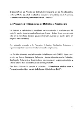 62
El desarrollo de las Técnicas de Estimulación Temprana que se deberán realizar
en las unidades de salud, se abordará con mayor profundidad en el documento
“Lineamientos técnicos para la Estimulación Temprana”
6.5 Prevención y Diagnóstico de Defectos al Nacimiento
Los defectos al nacimiento son condiciones que ocurren antes o en el momento del
parto. Se pueden presentar desde alteraciones simples y de bajo riesgo como un dedo
extra en la mano hasta defectos graves del corazón, eventos que pueden poner en
peligro la vida. (Ver Tabla).
Con actividades orientadas a la Prevención, Evaluación, Clasificación, Tratamiento y
Seguimiento oportuno, se disminuirá la frecuencia de las complicaciones.
Los Servicios Integrales para la Prevención de la Discapacidad (SINDIS), tienen como
función ser Centros Estatales de Referencia y Contrarreferencia para la Evaluación,
Clasificación, Tratamiento y Seguimiento de los menores con sospecha diagnóstica y
están al alcance de la población que sea referida para tal fin.
Para Mayor información consulte el documento “Lineamientos técnicos para la
Prevención, detección y manejo de Defectos al Nacimiento (DAN)”.
 