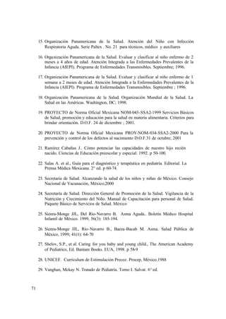 71
15. Organización Panamericana de la Salud. Atención del Niño con Infección
Respiratoria Aguda. Serie Paltex . No. 21 para técnicos, médico y auxiliares
16. Organización Panamericana de la Salud. Evaluar y clasificar al niño enfermo de 2
meses a 4 años de edad. Atención Integrada a las Enfermedades Prevalentes de la
Infancia (AIEPI). Programa de Enfermedades Transmisibles. Septiembre; 1996.
17. Organización Panamericana de la Salud. Evaluar y clasificar al niño enfermo de 1
semana a 2 meses de edad. Atención Integrada a la Enfermedades Prevalentes de la
Infancia (AIEPI). Programa de Enfermedades Transmisibles. Septiembre ; 1996.
18. Organización Panamericana de la Salud. Organización Mundial de la Salud. La
Salud en las Américas. Washington, DC; 1998.
19. PROYECTO de Norma Oficial Mexicana NOM-043-SSA2-1999 Servicios Básicos
de Salud, promoción y educación para la salud en materia alimentaria. Criterios para
brindar orientación. D.O.F. 24 de diciembre ; 2001.
20. PROYECTO de Norma Oficial Mexicana PROY-NOM-034-SSA2-2000 Para la
prevención y control de los defectos al nacimiento D.O.F.31 de octubre; 2001
21. Ramírez Cabañas J.. Cómo potenciar las capacidades de nuestro hijo recién
nacido. Ciencias de Educación preescolar y especial. 1992. p 50-100.
22. Salas A. et al., Guía para el diagnóstico y terapéutica en pediatría. Editorial. La
Prensa Médica Mexicana. 2° ed. p 60-74.
23. Secretaría de Salud. Alcanzando la salud de los niños y niñas de México. Consejo
Nacional de Vacunación, México;2000
24. Secretaría de Salud. Dirección General de Promoción de la Salud. Vigilancia de la
Nutrición y Crecimiento del Niño. Manual de Capacitación para personal de Salud.
Paquete Básico de Servicios de Salud. México
25. Sienra-Monge JJL, Del Río-Navarro B. Asma Aguda.. Boletín Médico Hospital
Infantil de México. 1999, 56(3): 185-194.
26. Sienra-Monge JJL, Río-Navarro B., Baeza-Bacab M. Asma. Salud Pública de
México, 1999; 41(1): 64-70
27. Shelov, S.P., et al. Caring for you baby and young child., The American Academy
of Pediatrics, Ed. Bantam Books. EUA, 1998. p 58-9
28. UNICEF. Currículum de Estimulación Precoz. Procep, México.1988
29. Vanghan, Mckay N. Tratado de Pediatría. Tomo I. Salvat. 6° ed.
 
