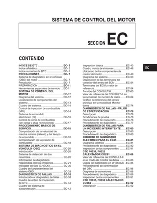 SISTEMA DE CONTROL DEL MOTOR
SECCION EC
CONTENIDO
INDICE DE DTC EC- 5
PRECAUCIONES EC- 7
EC-11
SISTEMA DE CONTROL DEL
MOTOR
PROCEDIMIENTO BÁSICO DE
SERVICIO EC-18
SISTEMA DE DIAGNOSTICO EN EL
VEHICULO (OBD)
...................................
Indice alfabético.................................... EC- 5
Indice numérico de DTC....................... EC- 6
.................................
Sistema de diagnóstico en el vehículo
(OBD) del motor ................................... EC- 7
Precaución ........................................... EC- 7
PREPARACION ...................................
Herramientas especiales de servicio ... EC-11
............................................... EC-12
Diagrama del sistema........................... EC-12
Localización de componentes del
sistema ................................................. EC-13
Cuadro del sistema............................... EC-14
Control de inyección de combustible
(MFI) .................................................... EC-14
Sistema de encendido
electrónico (EI) .................................... EC-16
Control de corte de combustible
(sin carga y altas revoluciones) ........... EC-17
............................................
Comprobación de la velocidad de
marcha mínima (ralentí) y del tiempo
de encendido ....................................... EC-18
Comprobación de la presión de
combustible ......................................... EC-18
.............................. EC-20
Introducción ......................................... EC-20
Sistema de detección de dos
recorridos.............................................. EC-20
Información de diagnóstico
relacionada con las emisiones.............. EC-21
Indicador de falla (CHECK) .................. EC-30
Cuadro de funcionamiento del
sistema OBD......................................... EC-33
...............
Introducción al diagnóstico de fallas .... EC-38
Cuadro de orden de inspección
de DTC ................................................. EC-42
Cuadro del sistema de
autoprotección...................................... EC-42
DIAGNOSTICO DE FALLAS EC-38
Inspección básica............................... EC-43
Cuadro matriz de síntomas ................ EC-46
Ubicación de los componentes de
control del motor................................. EC-49
Diagrama del sistema......................... EC-53
Disposición de las terminales del
conector del arnés del ECM ............... EC-54
Terminales del ECM y valor de
referencia............................................ EC-54
Función del CONSULT-II .................... EC-60
Valor de referencia del CONSULT-II en
la modalidad de monitor de datos....... EC-64
Gráfico de referencia del sensor
principal en la modalidad Monitor
datos .................................................. EC-74
......................
Descripción ........................................ EC-76
Condiciones de prueba ...................... EC-76
Procedimiento de inspección.............. EC-76
Procedimiento de diagnóstico ........... EC-77
......
Descripción ........................................ EC-80
Procedimiento de diagnóstico ........... EC-80
.............
Diagrama eléctrico ............................. EC-81
Procedimiento de diagnóstico ........... EC-82
Inspección de los componentes ........ EC-91
DIAGNOSTICO DE FALLAS - VALOR
DE ESPECIFICACION EC-76
DIAGNOSTICO DE FALLAS PARA
UN INCIDENTE INTERMITENTE EC-80
CIRCUITO DE SUMINISTRO
ELECTRICO PARA EL ECM EC-81
DTC P0031, P0032
CALENTADOR CO2S1 EC-86
DTC P0037, P0038 CALENTADOR
CO2S2 EC-92
.....................
Valor de referencia del CONSULT-II
en el modo de monitor de datos ........ EC-86
Lógica de diagnóstico en el vehículo . EC-86
Procedimiento de confirmación
del DTC ............................................. EC-86
Diagrama de conexiones ................... EC-88
Procedimiento de diagnóstico ........... EC-89
Inspección de los componentes ........ EC-91
...............................................
Descripción ........................................ EC-92
EC
 
